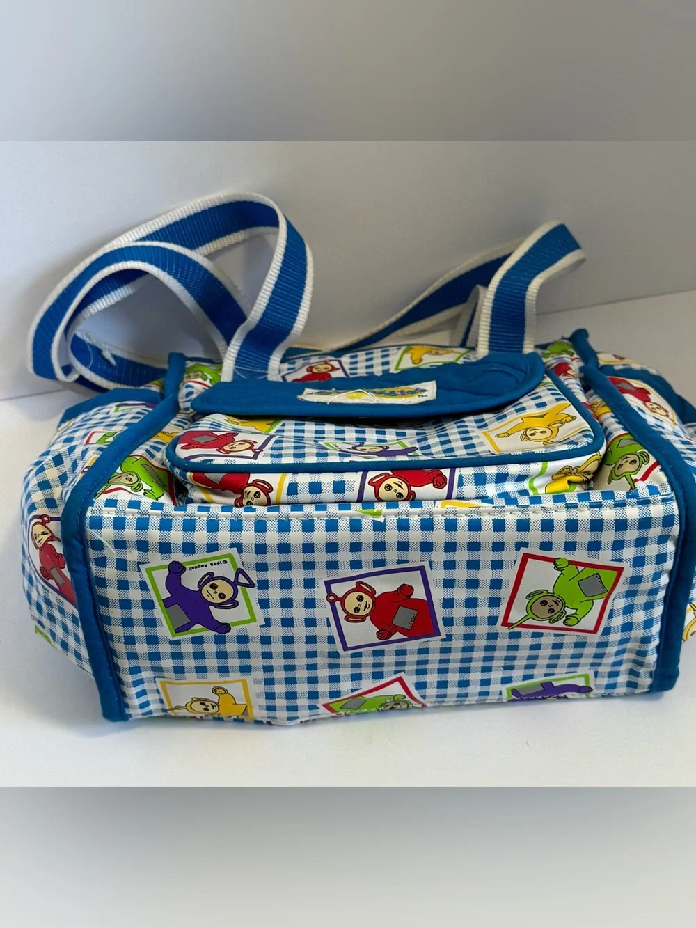 vintage 1990s Ragdoll Teletubbies blue and white gingham diaper bag